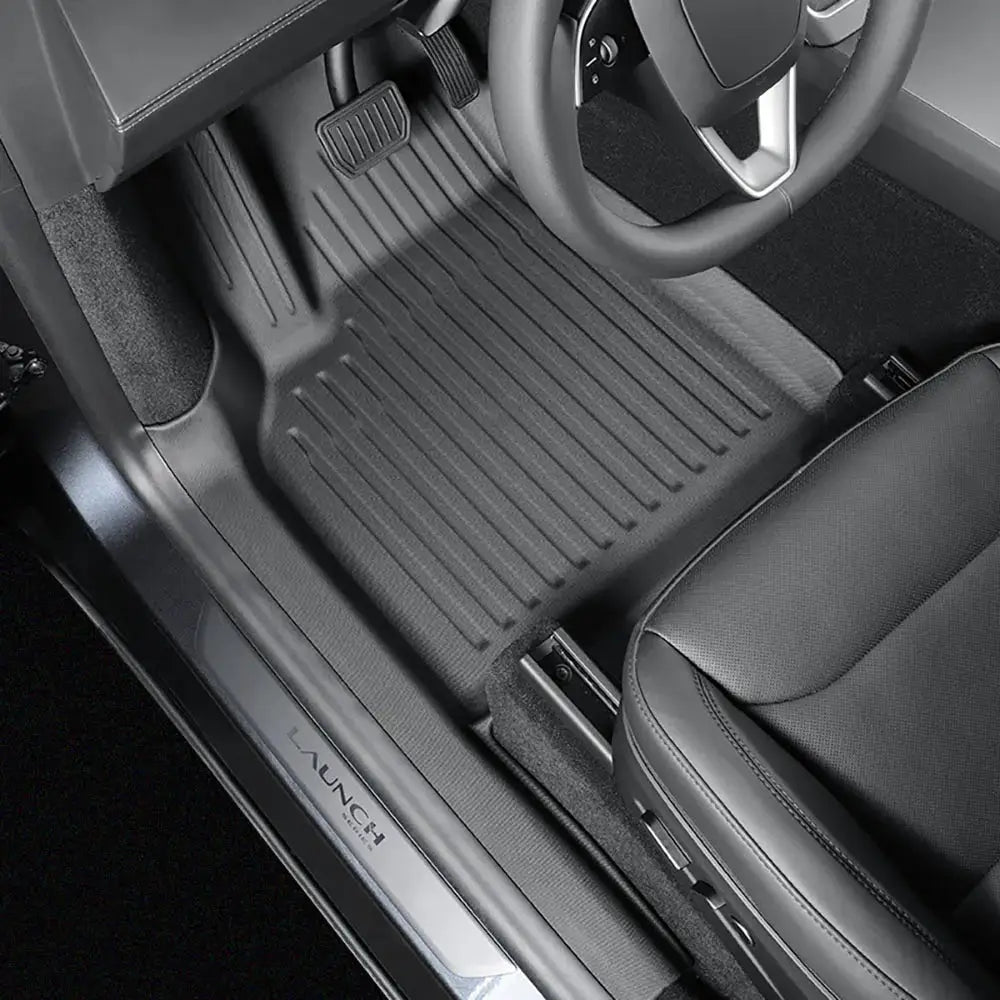 Floor mats with door sill protection for Tesla Model Y by Simples Market, all-weather black front driver area