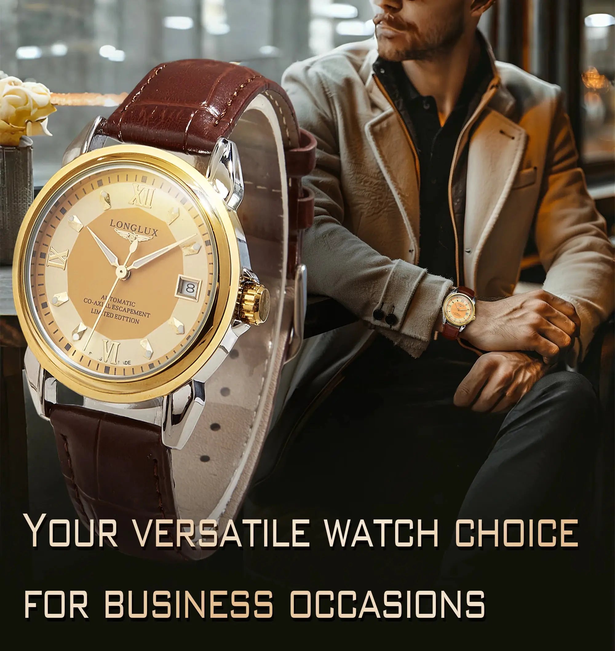 LONGLUX automatic men's watch with gold-tone case and brown leather strap; two watches shown