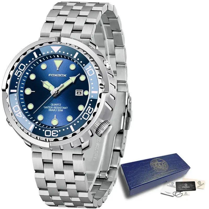Men's diver watch with stainless steel band, blue dial, date window, 50ATM water resistant, comes with box and papers.