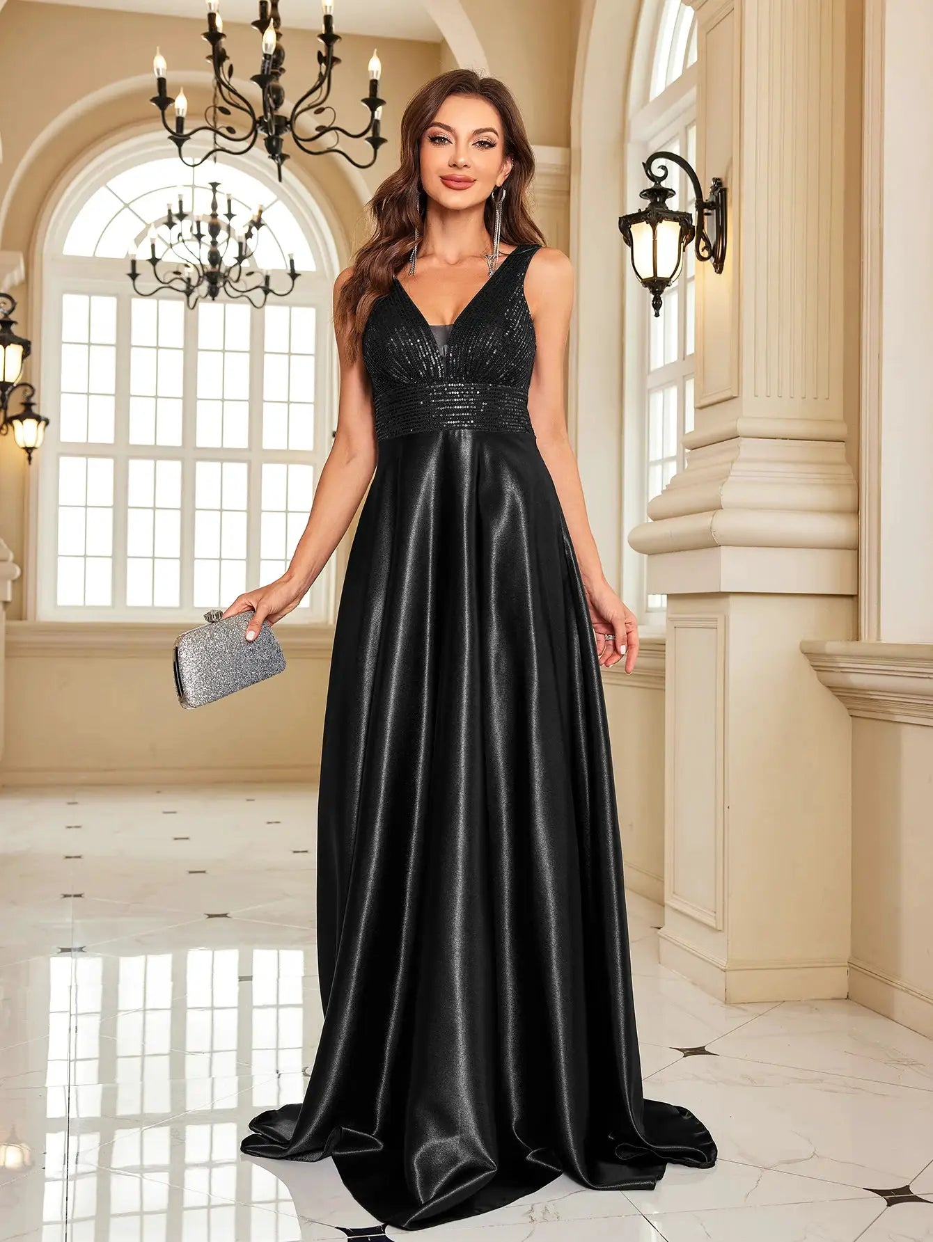 Emerald Green Sequin Evening Dress V Neck Satin Prom Floor Length