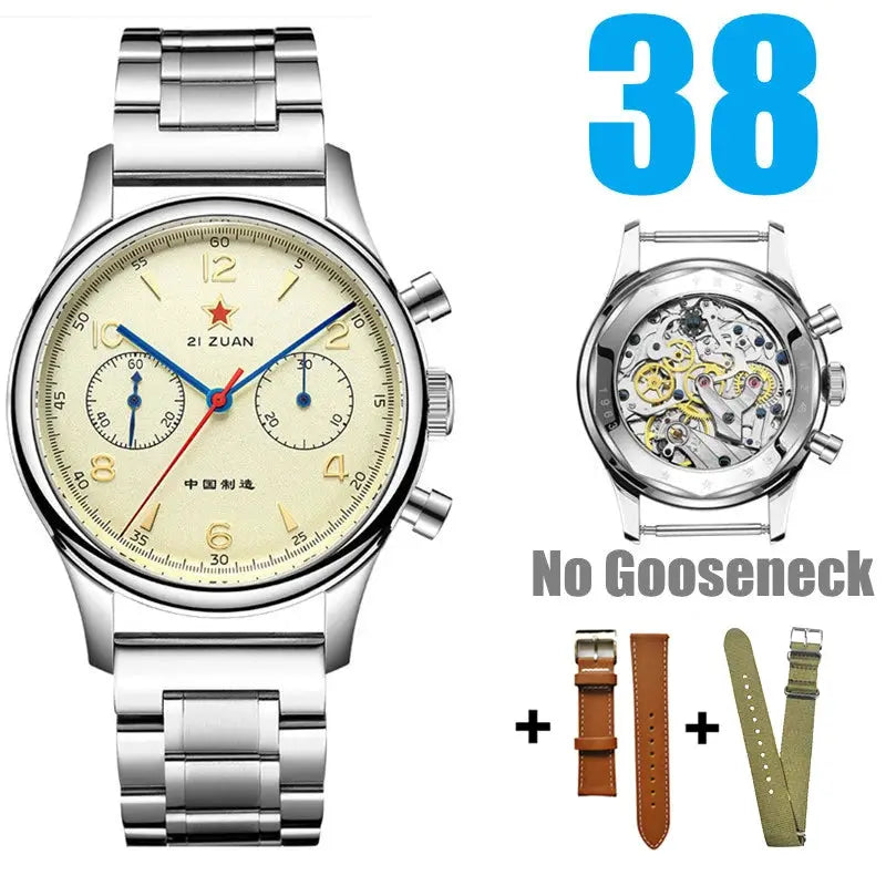 Simples Market Red Star 38mm chronograph watch with stainless bracelet and cream dial; includes three strap options