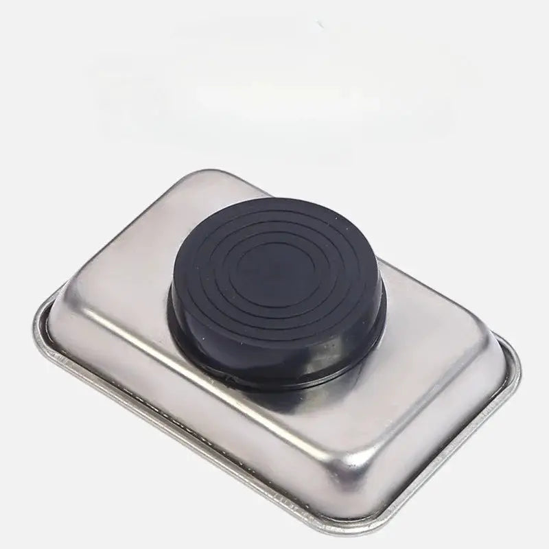 Magnetic rectangular stainless steel parts tray by Simples Market with round black magnet, durable metal organizer