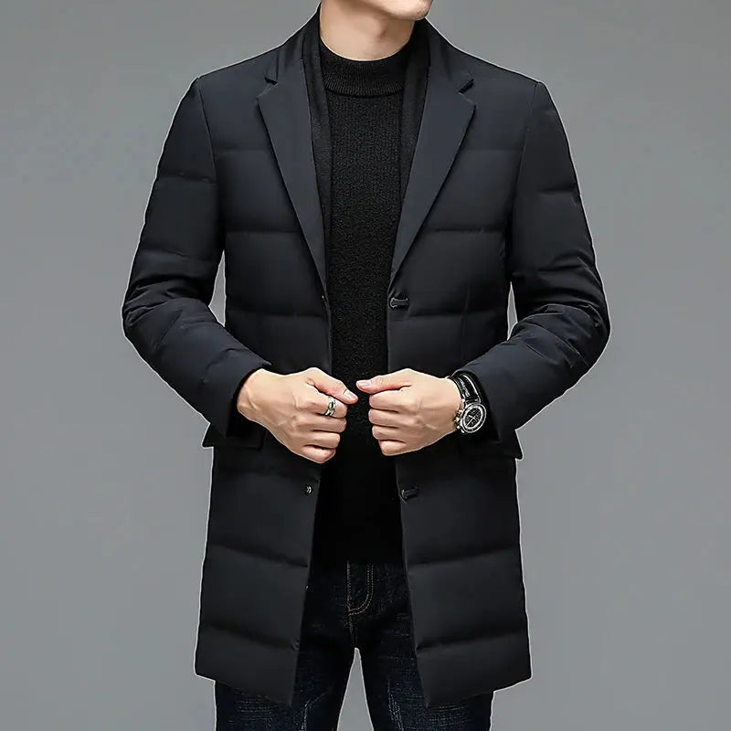 Men's black quilted down coat with suit-style lapels, long length by Simples Market