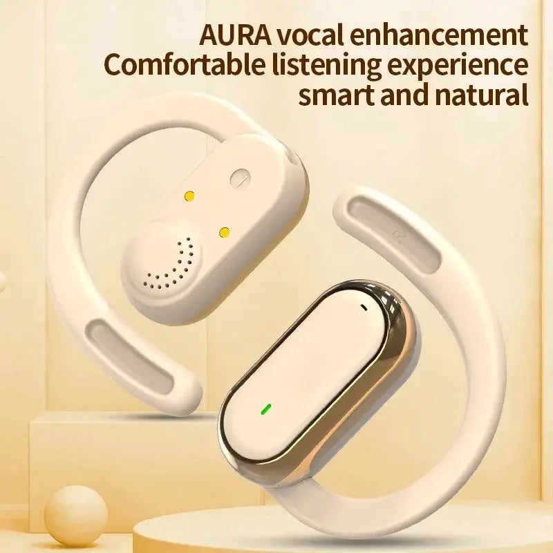 Simples Market Bluetooth 5.4 earphones; white pair with gold-accent charging case, green LED