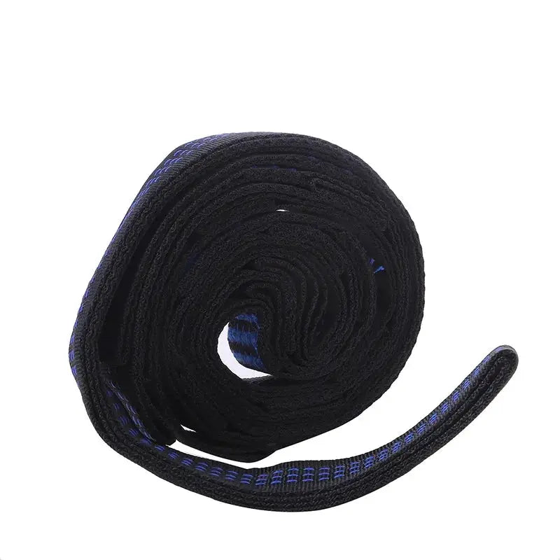 2-pack hammock straps by Simples Market, black polyester with blue trim, 600lbs capacity, 5-ring design