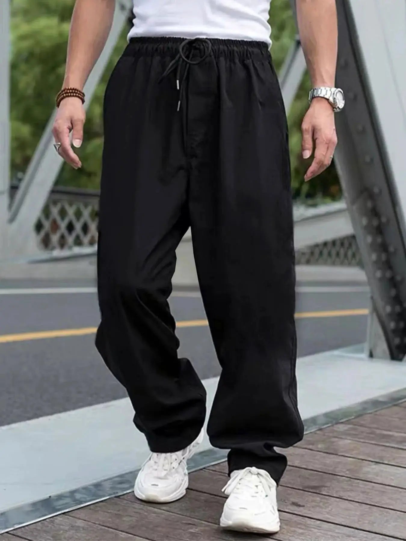 Simples Market men's black drawstring-waist cargo pants, regular-fit straight-leg