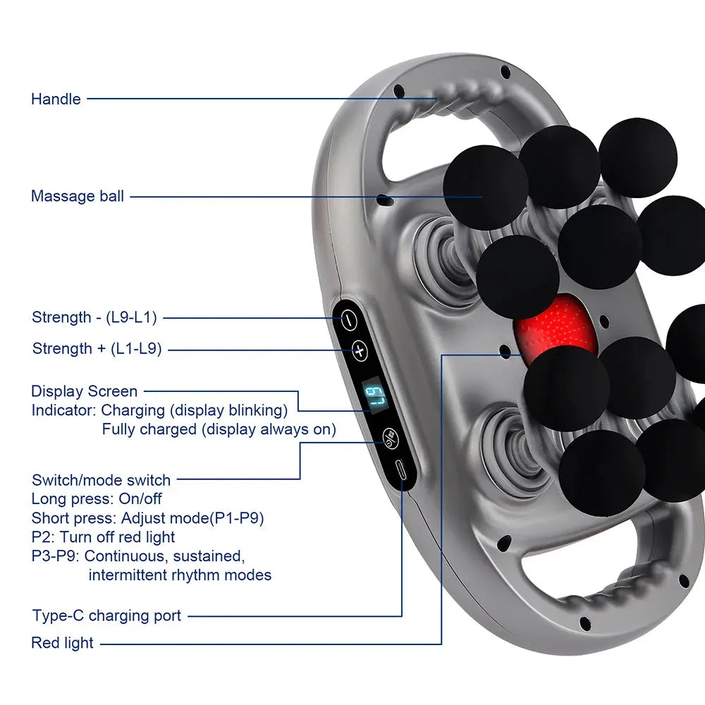 Simples Market 42-head fascia gun with high-frequency vibration; silver body, black massage heads, LED display.