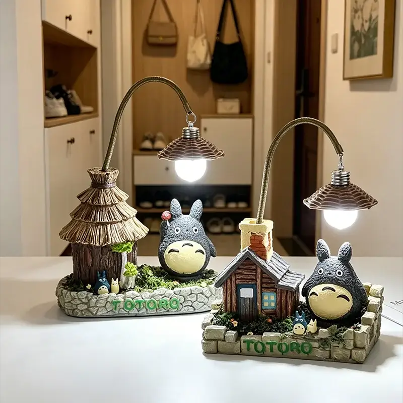 Totoro LED desk lamp set with two gooseneck bulbs, stone garden bases, and cute house and Totoro figurines
