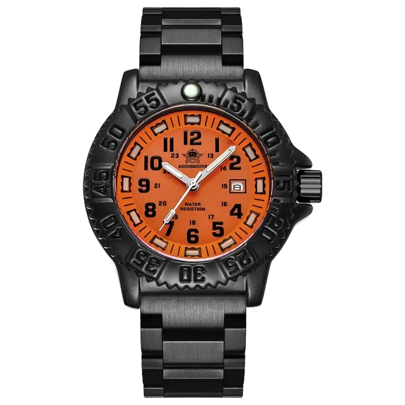 ADDIESDIVE luxury men's quartz watch with orange dial, stainless steel strap, black bezel, 50m water resistant