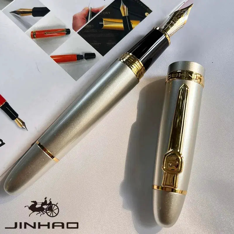 Jinhao 159 fountain pen with silver body and gold trim; converter included; Jinhao logo visible.