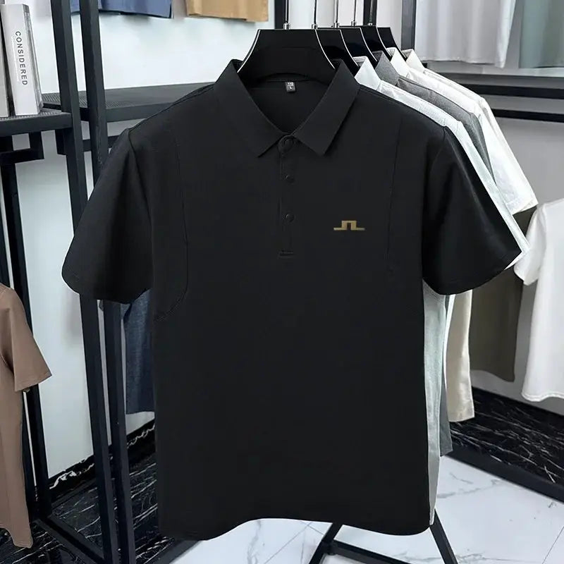 Simples Market black men's polo shirt, short sleeves with a small gold logo on the chest, on a hanger