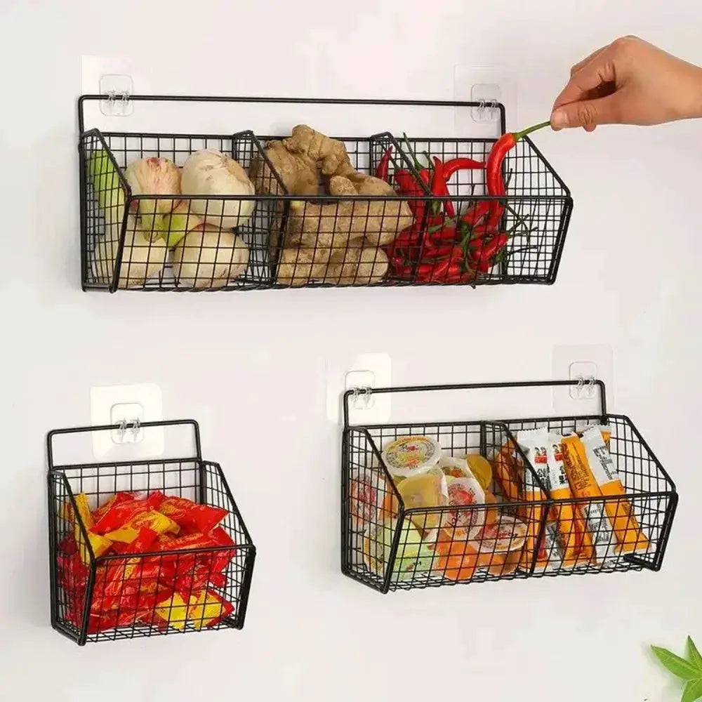 Wall-mounted black metal wire storage baskets; set of 3 for spices, garlic, onions, and vegetables by Simples Market