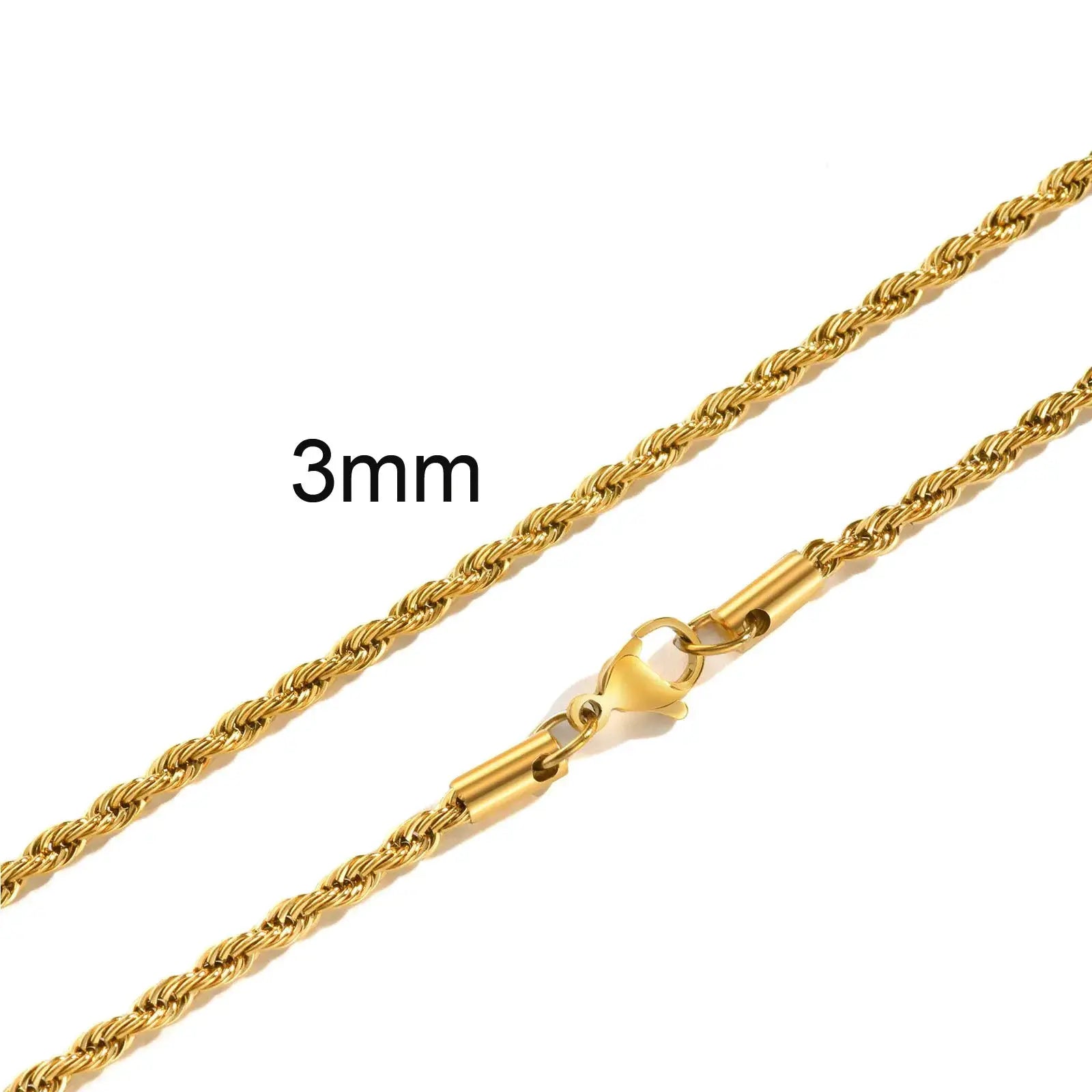 Gold-tone rope chain necklace, 3mm width with lobster clasp