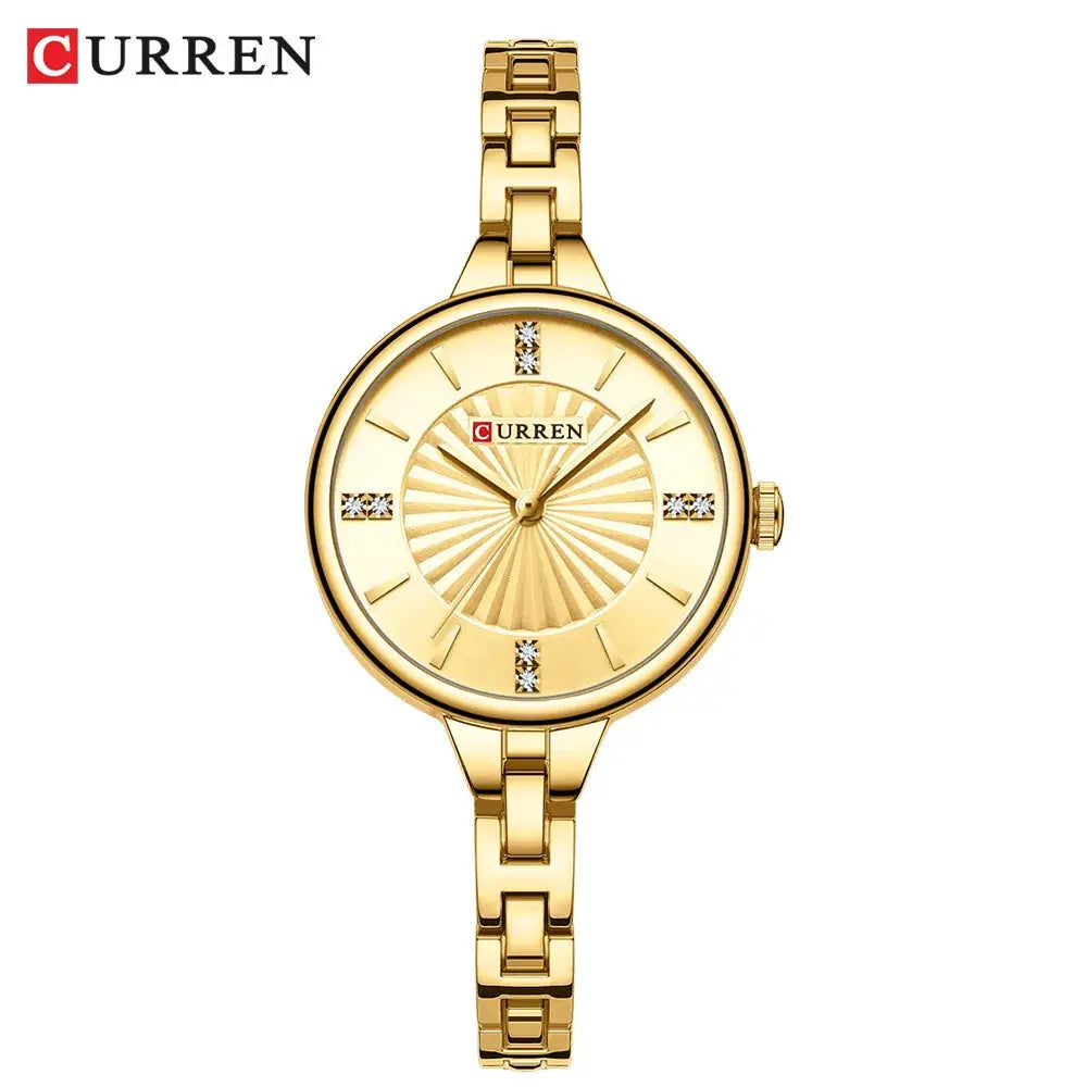 CURREN gold-tone women's quartz watch with crystal markers on a metal bracelet