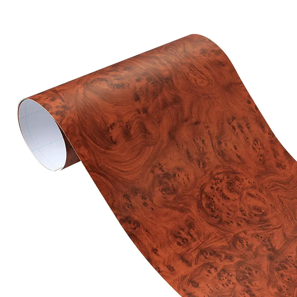 Simples Market PVC self-adhesive wood grain vinyl wrap roll, reddish-brown burl texture, 30/10×100cm