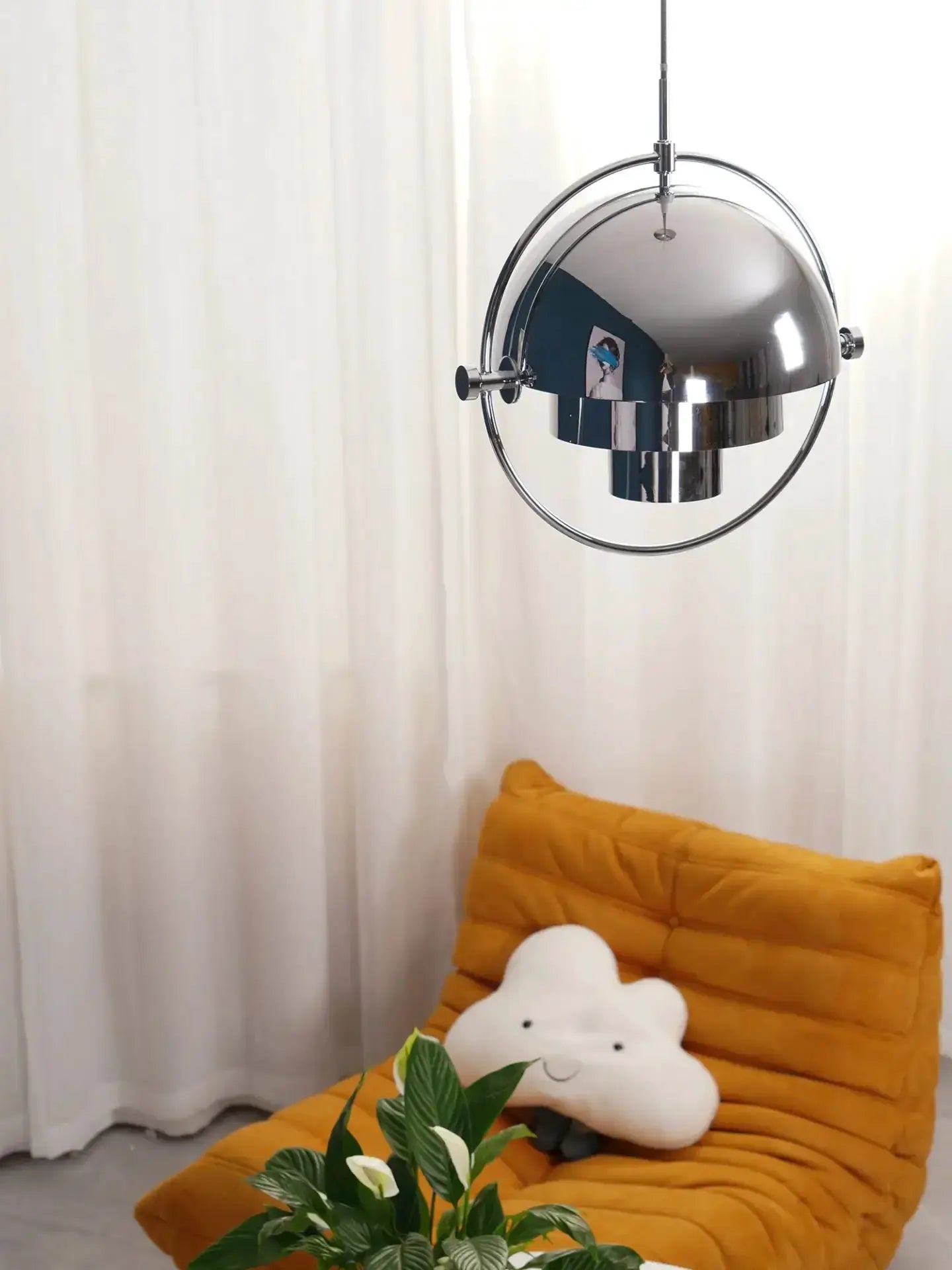 LED pendant light with chrome circular ring design, modern hanging kitchen island lamp