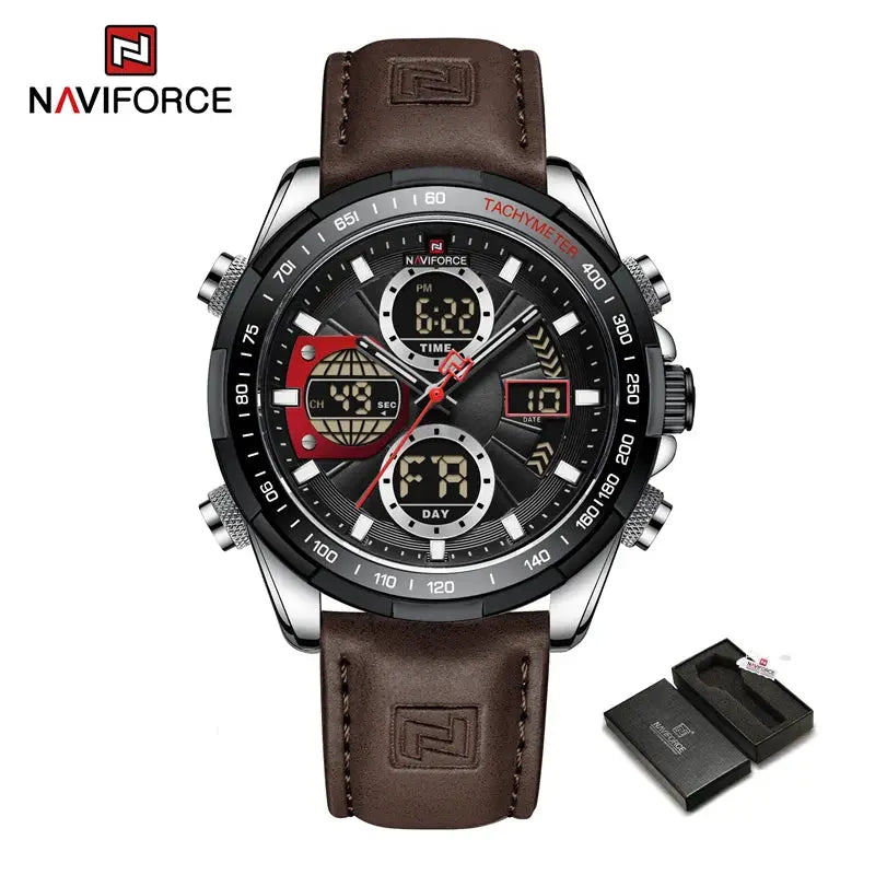 NAVIFORCE men's brown leather strap chronograph watch with tachymeter bezel, boxed