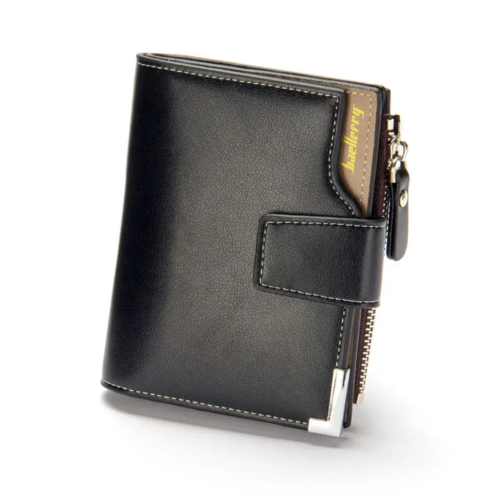 Baellerry short luxury men's wallet in black leather with zipper coin pocket and card slots