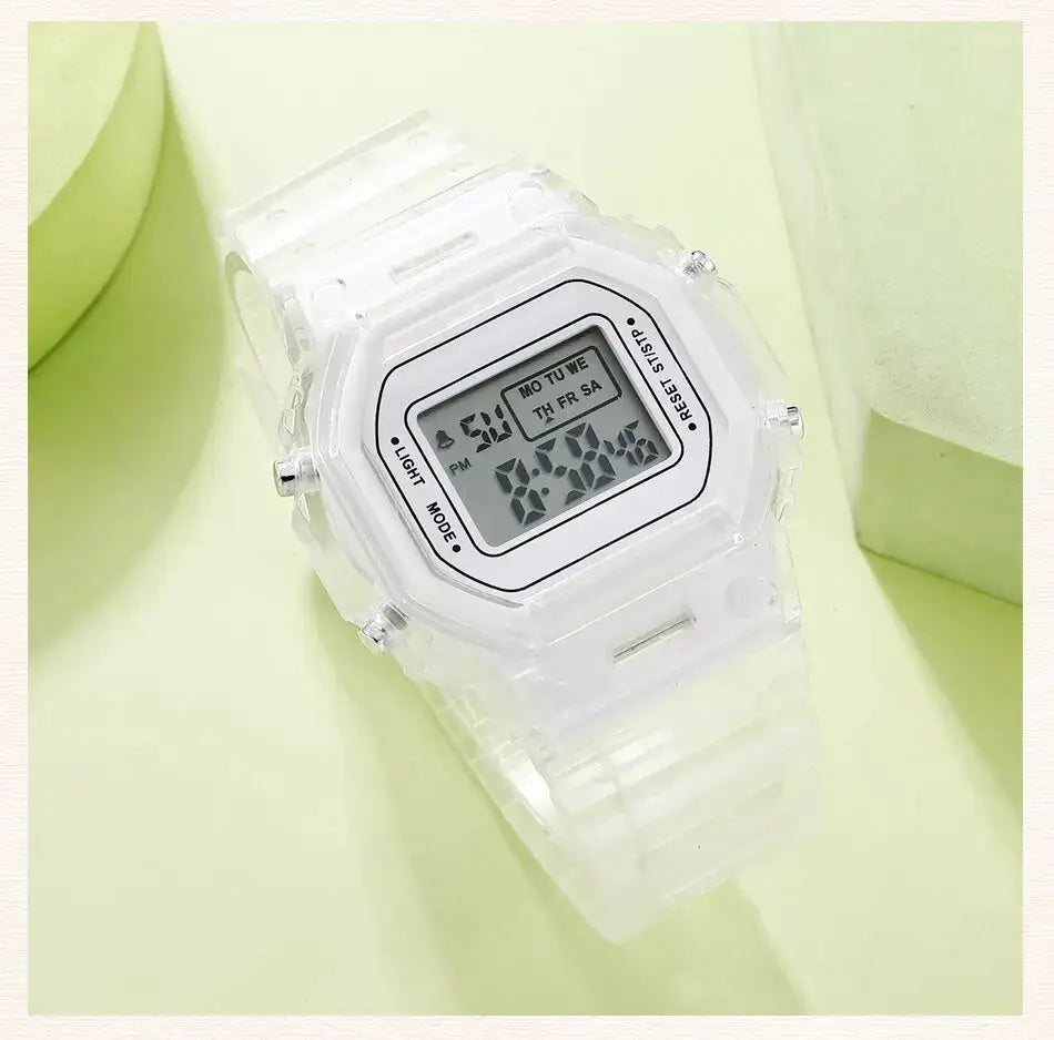 Simples Market LED digital watch with transparent silicone strap, unisex military-style clock, clear display