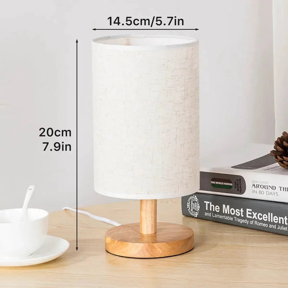 WoodCraft USB Bedside Lamp With Warm Wood Finish And Cylinder Linen Shade For Eye Friendly Lighting