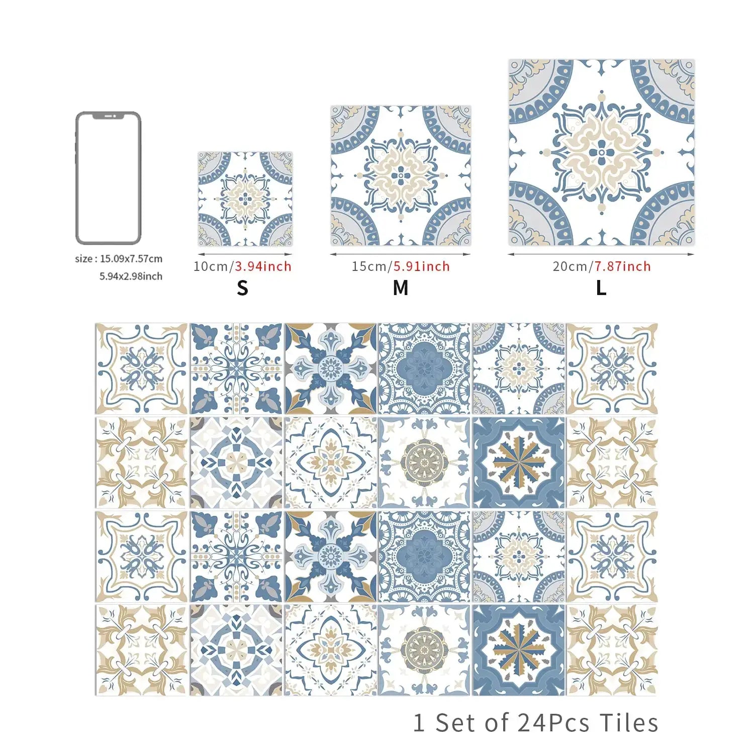 24pcs light-color tile wall stickers set with blue-beige patterns for kitchen or bathroom by Simples Market