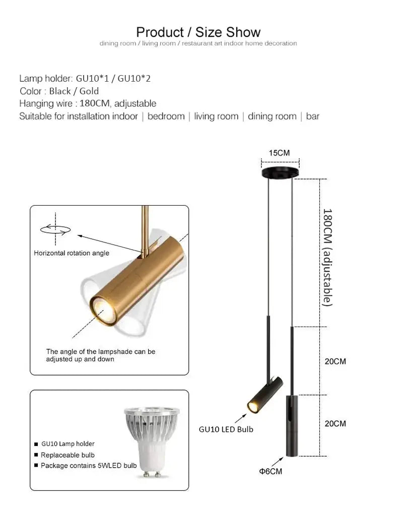 Simples Market minimalist LED hanging pendant light; black/gold finish, 180cm adjustable cord, 1–2 GU10 bulbs, indoor.