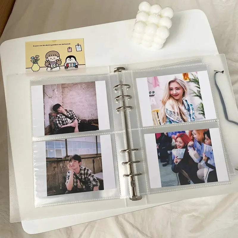 Yoofun A5 binder storage book with clear plastic sleeves displaying four photos in a silver-ring binder.