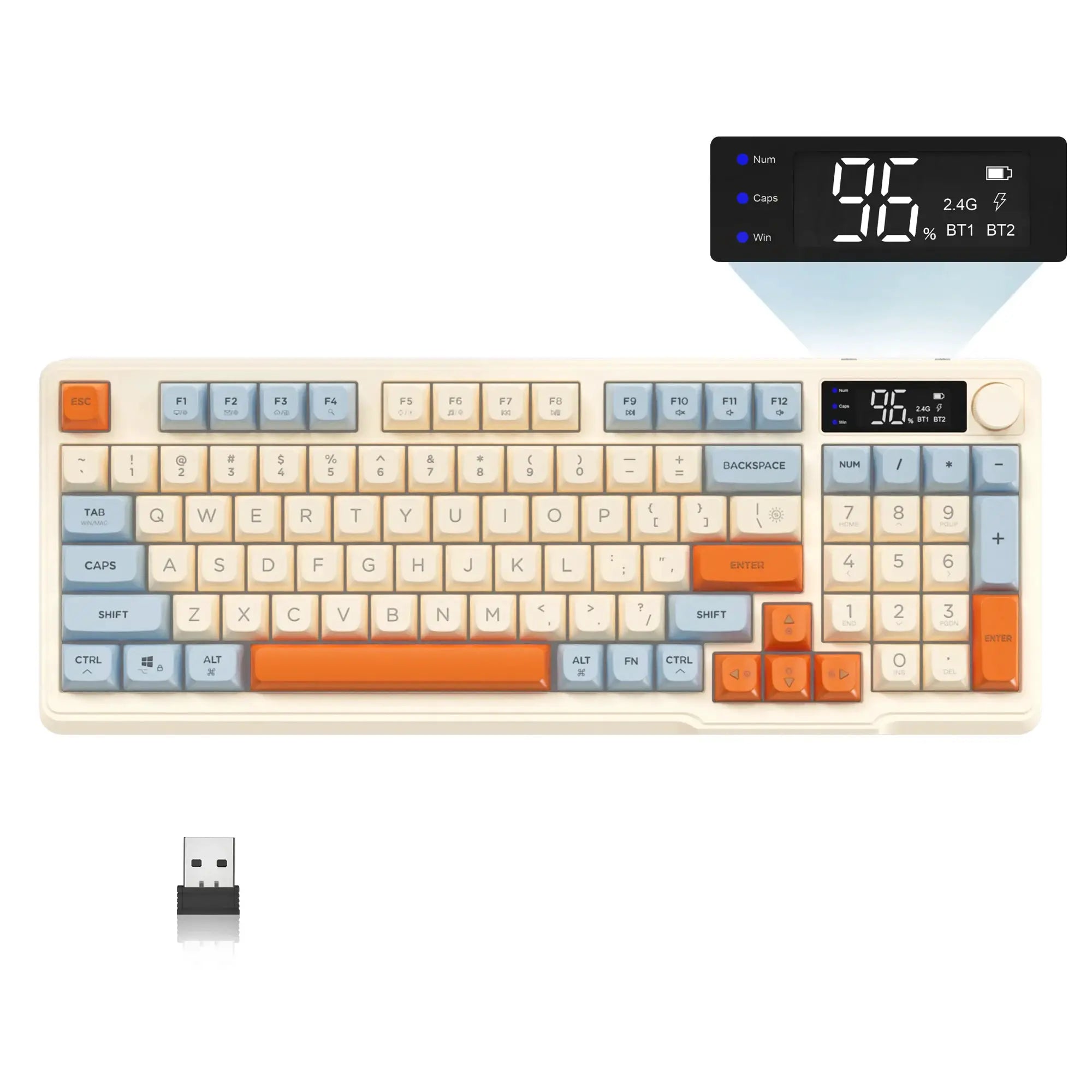 ZIYOU LANG wireless gaming keyboard with display screen and knob, cream color with pastel blue and orange keycaps.