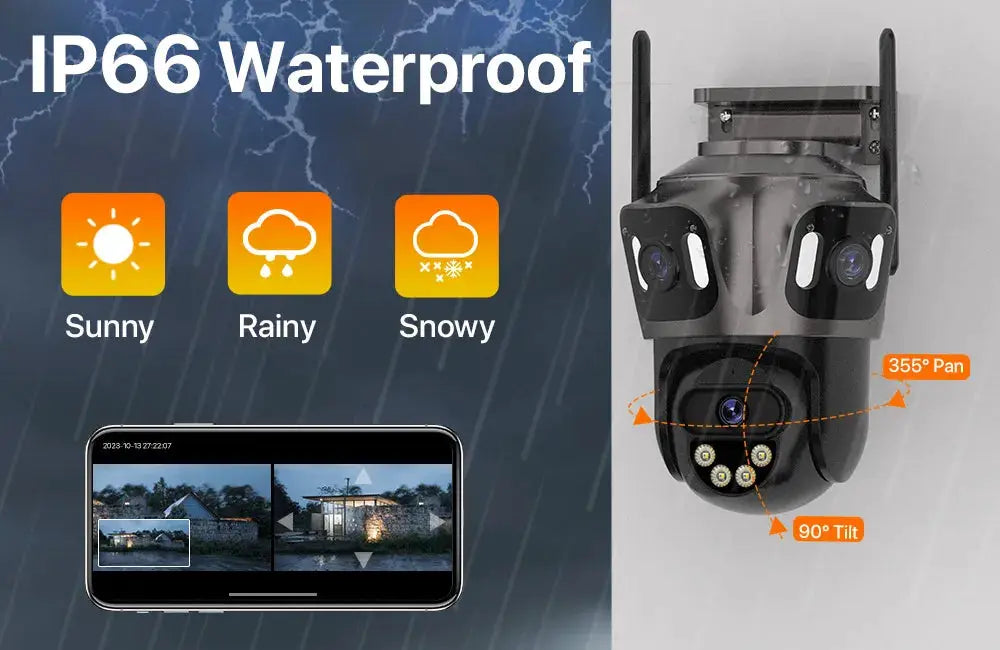 Outdoor 4K dual-lens PTZ IP camera with AI human detection, IP66 waterproof, by Simples Market
