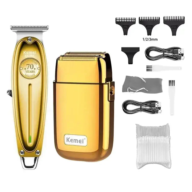 Kemei KM-TX1 hair clipper kit in gold and silver with 1-3mm combs, USB cables, cleaning brush and storage pouch