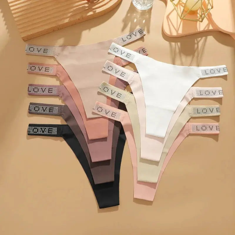Low-waist thong underwear set with rhinestone LOVE waistband in assorted colors, 12-pair display