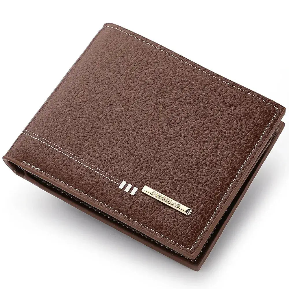 Men's brown leather short wallet with lychee pattern, white stitching and metal Simples Market plaque