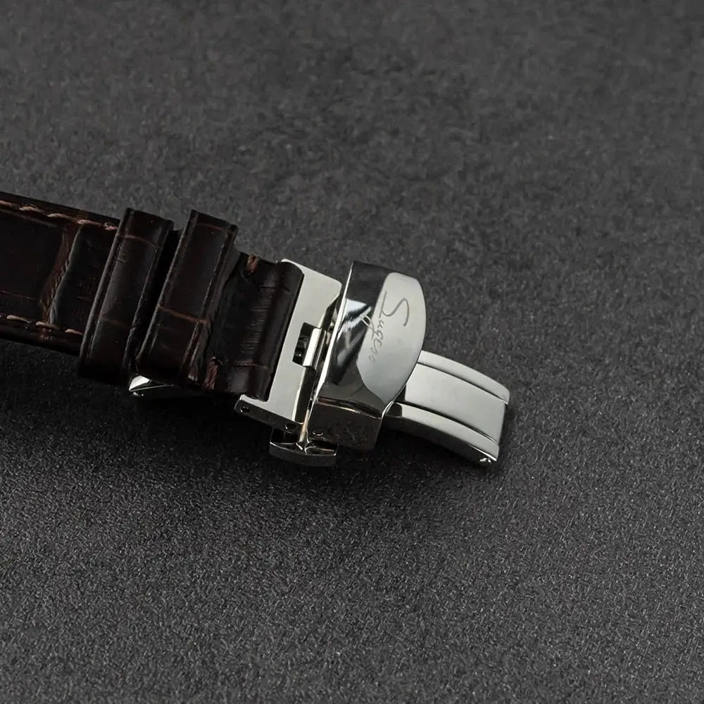 Sugess ST1908 men's watch brown leather strap with stainless steel deployant clasp bearing Sugess logo