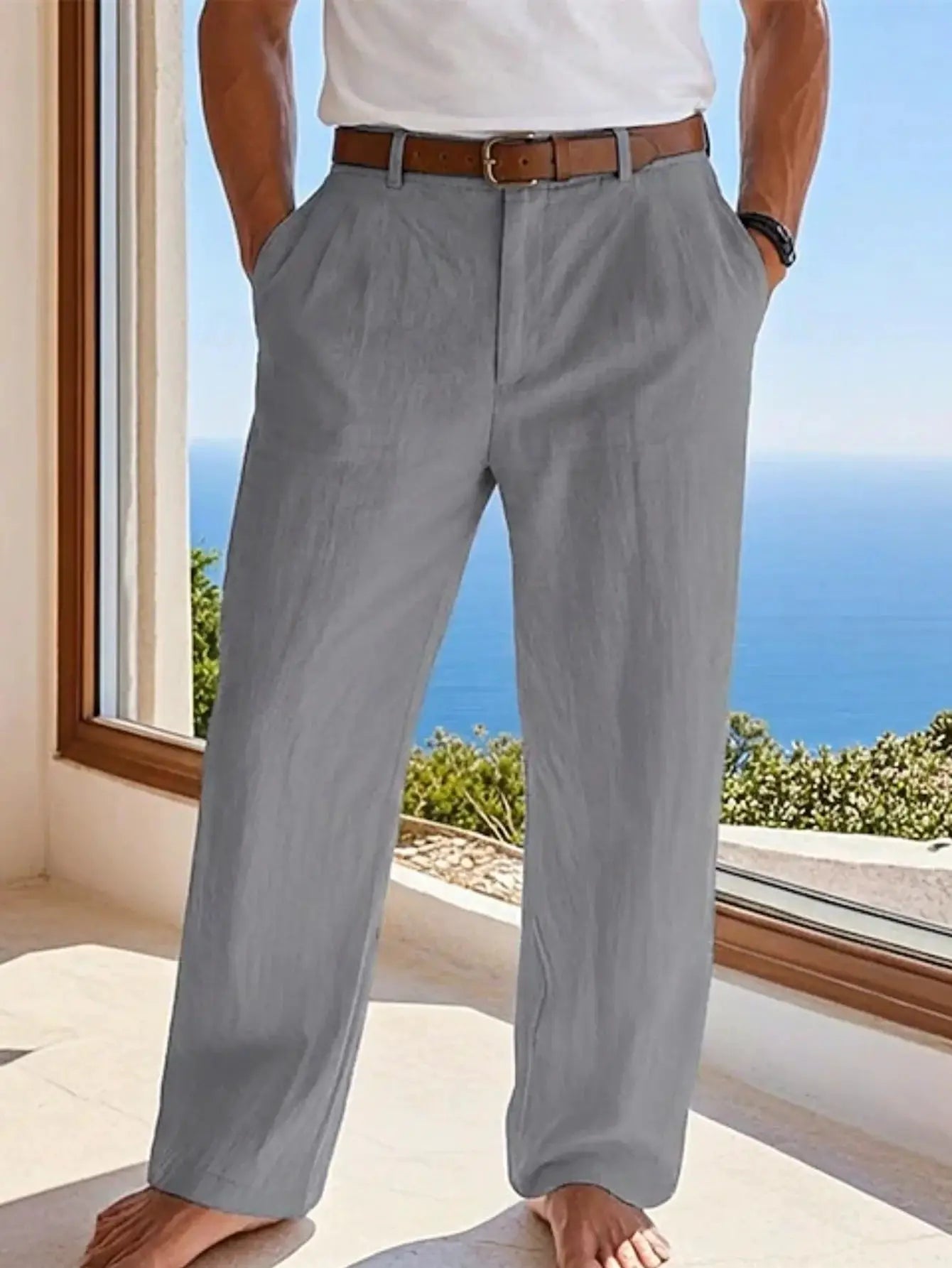 Men's light gray cotton-linen pants with a brown belt, loose casual long trousers