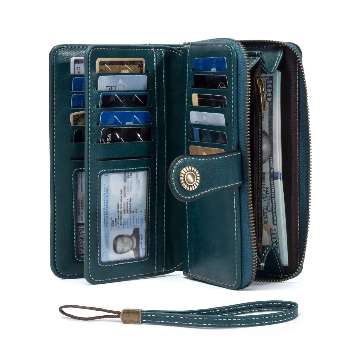 Simples Market RFID anti-theft long wallet clutch in teal oil-waxed leather with multiple card slots and zipper pocket