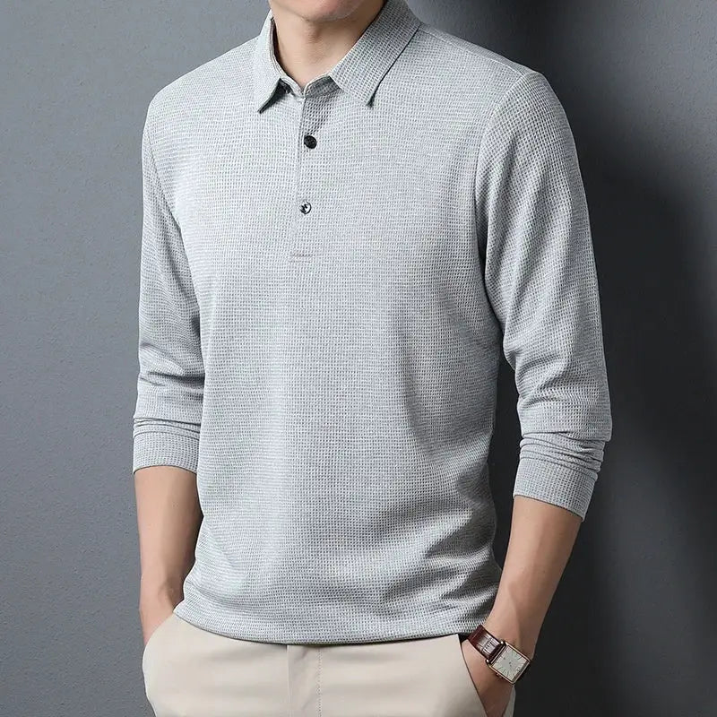 Men's business casual polo long sleeve shirt in light gray textured fabric by Simples Market