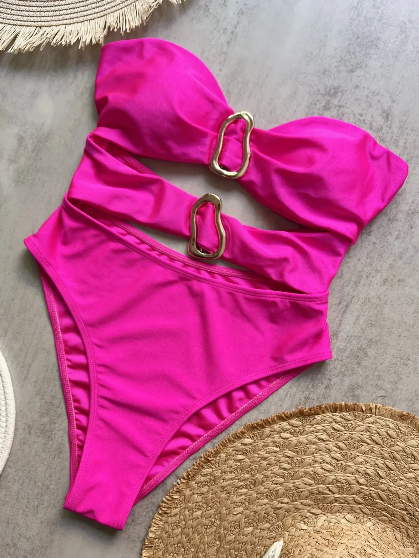 3 Colors Sexy Metal Rings Cut Out Women Neoprene Swimwear One Piece Bandeau High Leg Bathing Suit