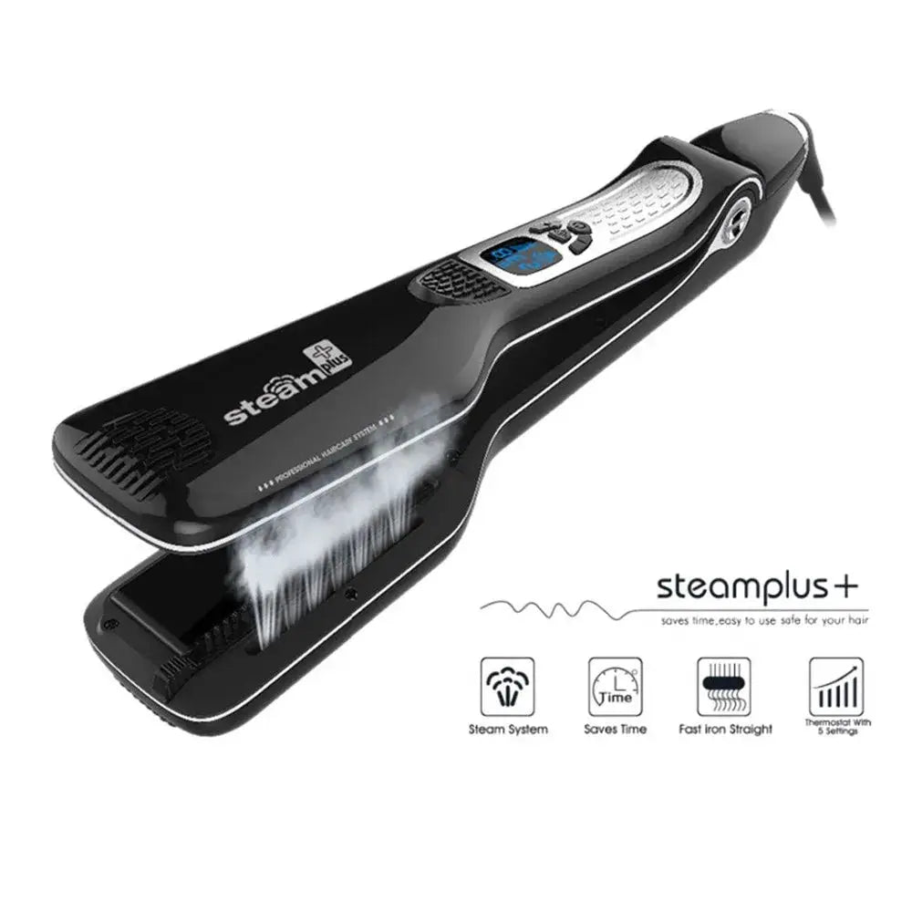 SteamPlus+ professional steam hair straightener, black ceramic tourmaline flat iron with digital display