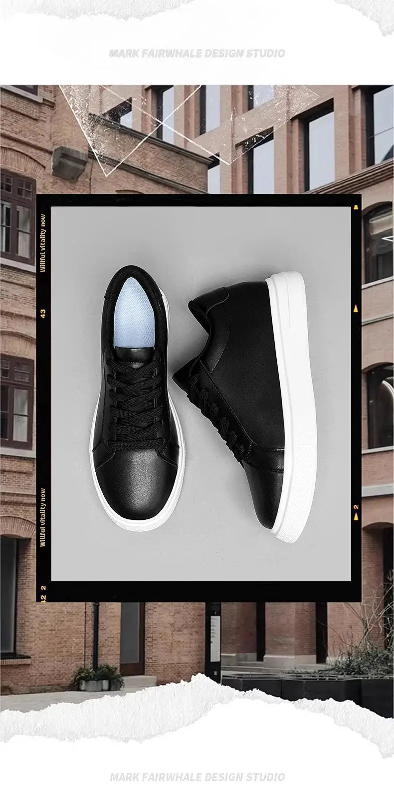 Men's black leather elevator sneakers, pair shown with white soles
