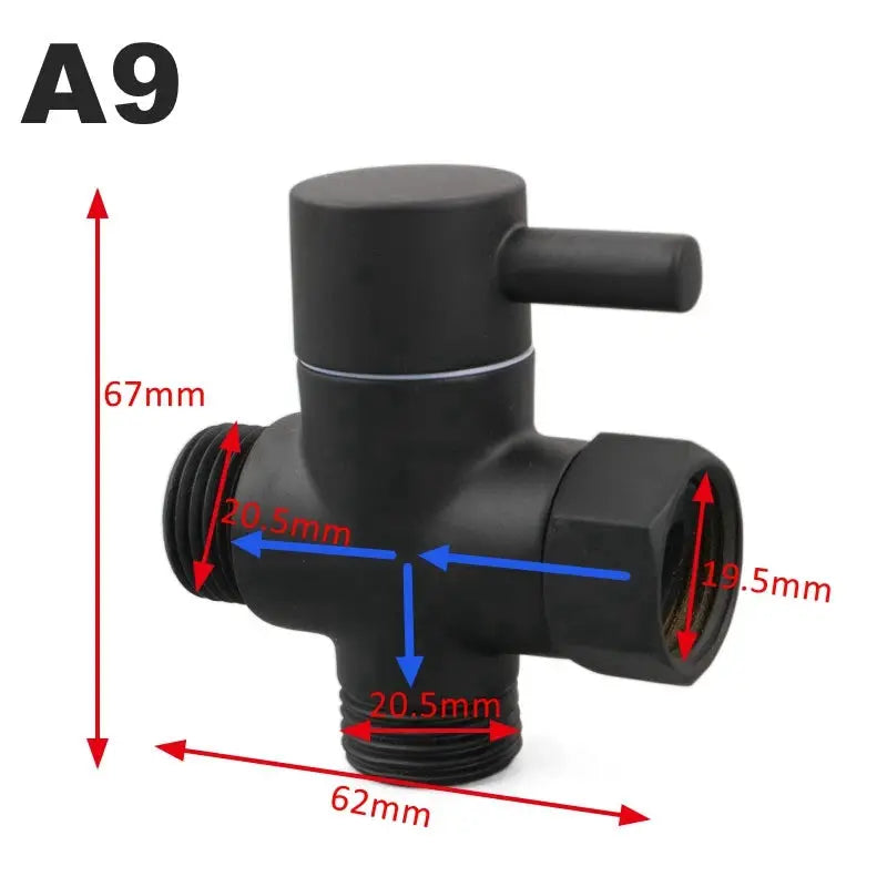 Black 3-way shower arm diverter valve for G1/2 and G3/4 fittings for handheld or fixed shower heads