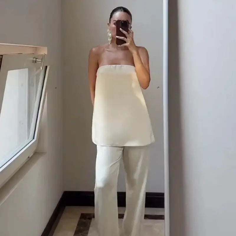 Satin Two Piece Set Women Off Shoulder Strapless Vest High Waist Pants