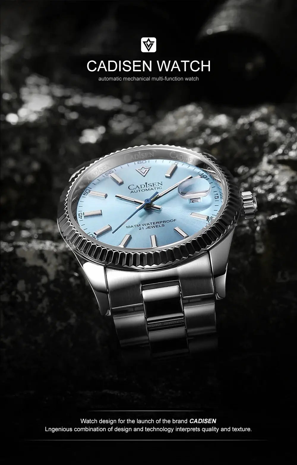 CADISEN automatic mechanical watch with a light blue dial and stainless steel case and bracelet.