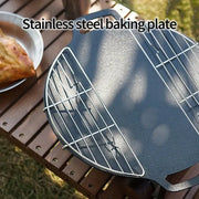 Barbecue grill pan, round stainless steel with fold-out wire rack for camping use