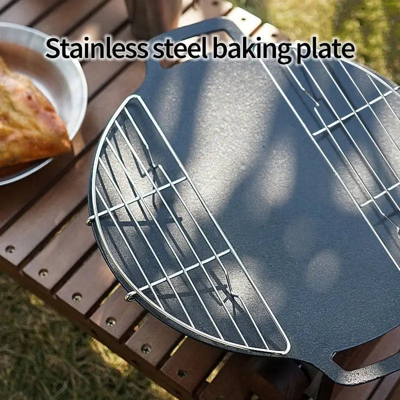 Barbecue grill pan, round stainless steel with fold-out wire rack for camping use