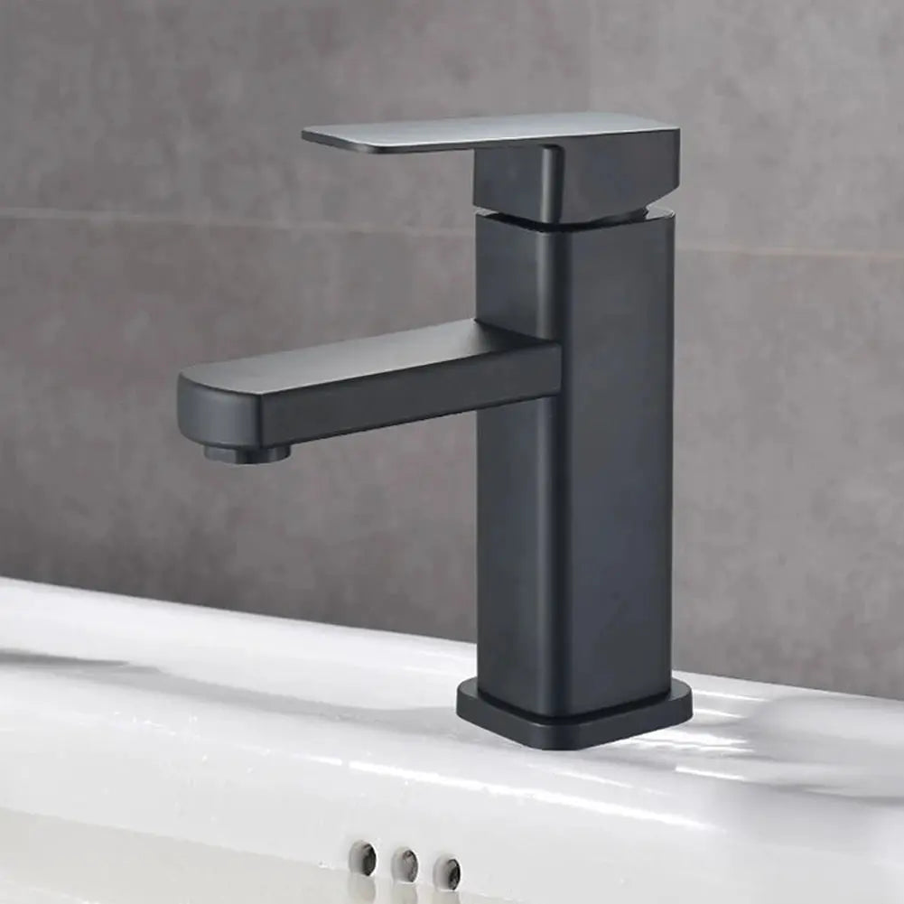 Bathroom faucet deck-mounted, black matte finish with chrome top lever, modern hot/cold mixer
