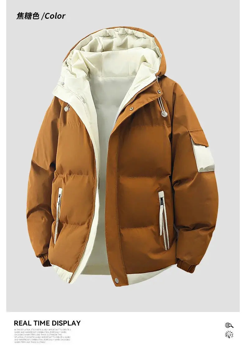 Men's caramel brown hooded puffer jacket with white lining and zip pockets
