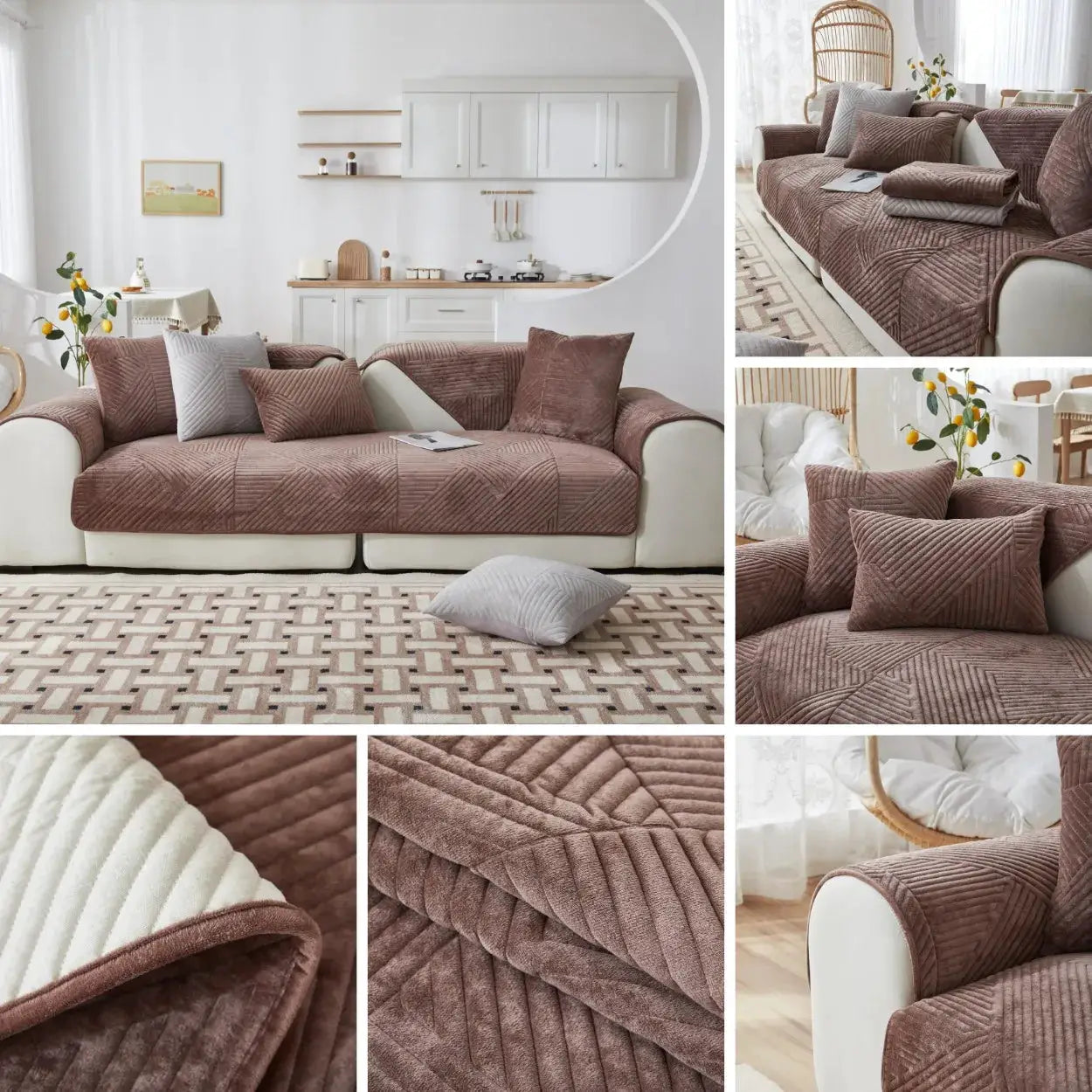 Brown crystal velvet sofa cover for living room with quilted pattern on white sofa; includes matching cushions