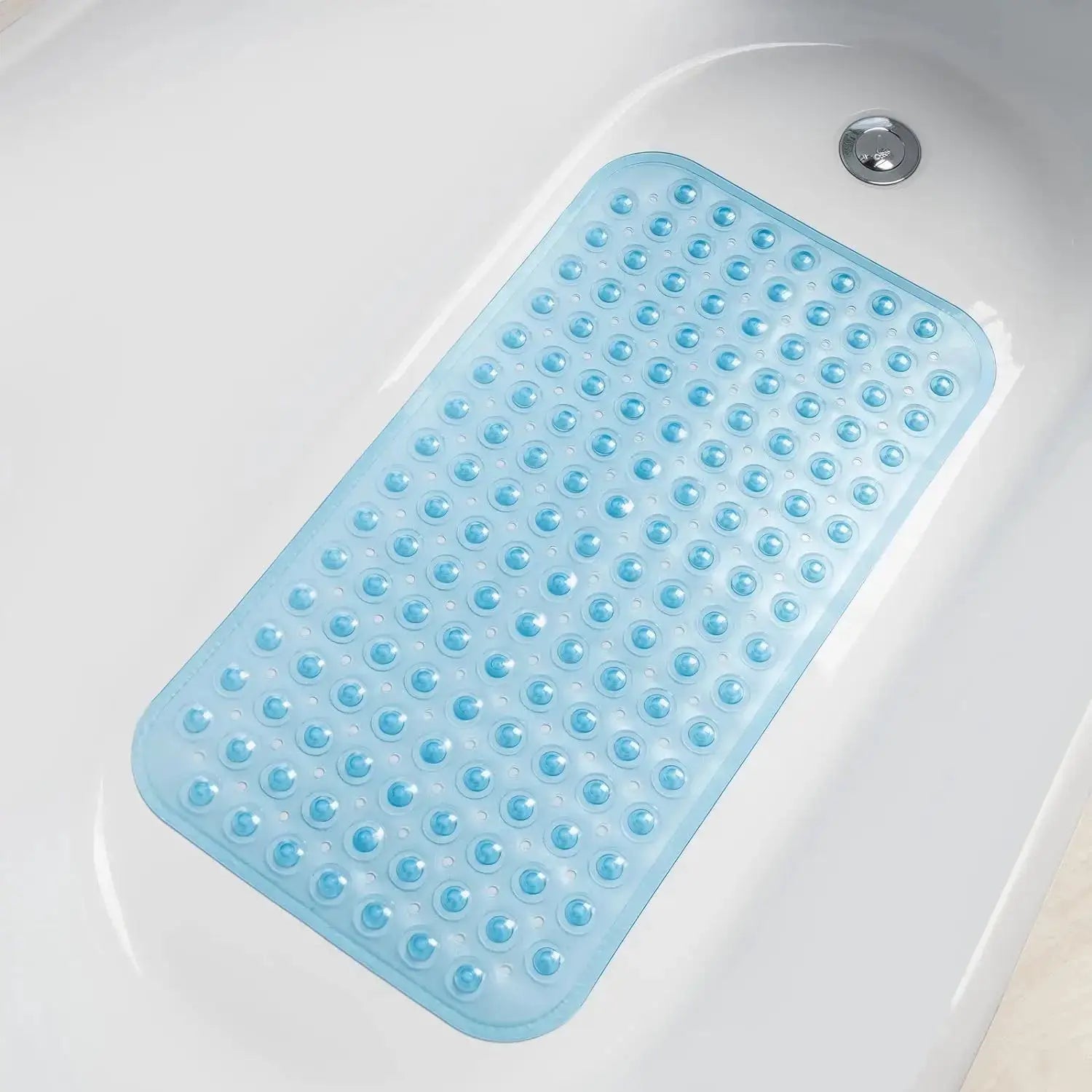 Bath mat PVC non-slip with suction cups and drain holes, light blue, 15x27.6 in (38x70 cm)