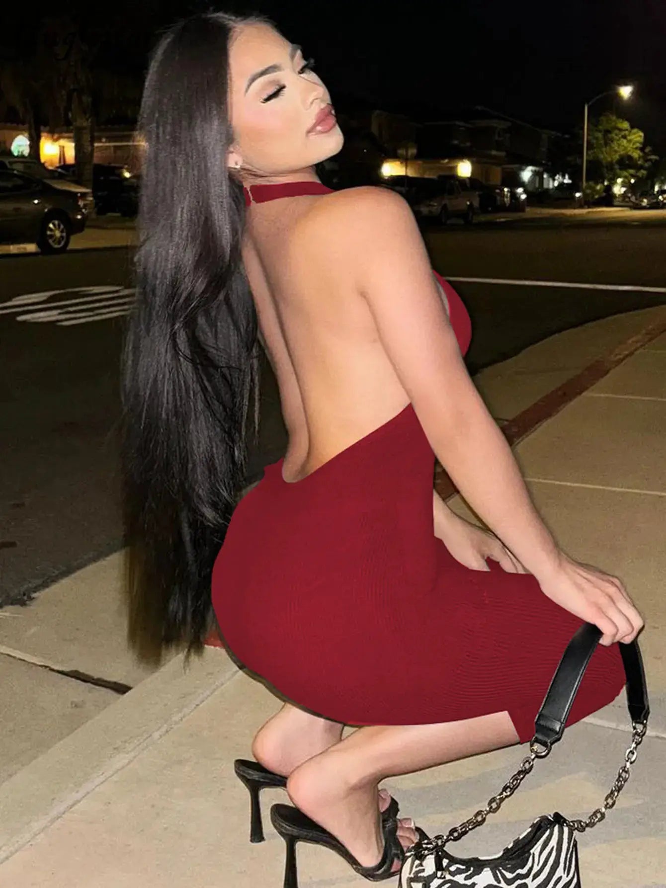 Hugcitar red ribbed halter-backless bodycon jumpsuit, Simples Market