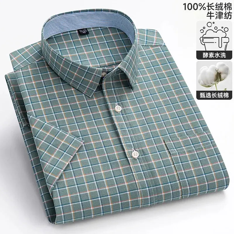 Men's plaid cotton shirt by Simples Market, breathable 100% cotton, teal/green plaid with orange accents, button-front.